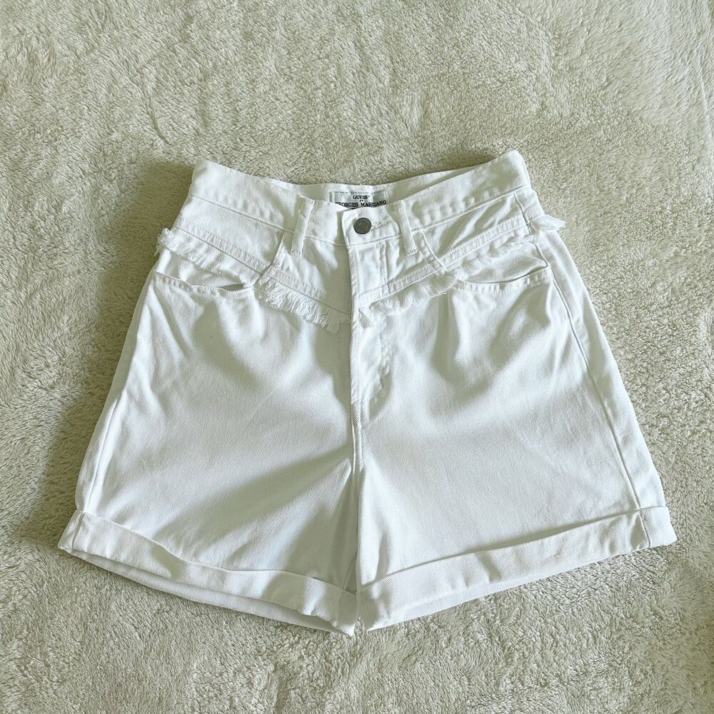 Vintage Guess By Georges Marciano Shorts Size 29 White Denim Cuffed 90's Fringe